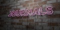 JOURNALS - Glowing Neon Sign on stonework wall - 3D rendered royalty free stock illustration