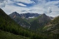 Journey through Altai Mountains, amazing nature of mountain peaks, rivers and streams flow down from slope of mountains. Altai