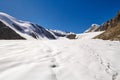 Journey through Altai mountains to Aktru. Hiking to snowy peaks of Altai mountains. Survival in harsh conditions, beautiful nature Royalty Free Stock Photo