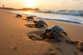 The Journey Begins: Baby Turtles Crawling to the Sea. Generative By Ai