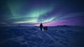 Journey Beneath the Aurora: Solo Traveler and Sled Dogs in the Arctic Royalty Free Stock Photo