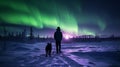 Journey Beneath the Aurora: Solo Traveler and Sled Dogs in the Arctic Royalty Free Stock Photo