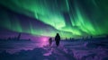 Journey Beneath the Aurora: Solo Traveler and Sled Dogs in the Arctic Royalty Free Stock Photo