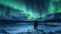 Journey Beneath the Aurora: Solo Traveler and Sled Dogs in the Arctic Royalty Free Stock Photo