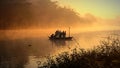 Journey by boat at winter morning