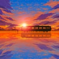 Journey concept silhouette loneley train at the tropical sea with a sunset. Beautiful scenery sunset sky background and float on Royalty Free Stock Photo