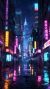 Journey Through the Cyberpunk Commercial Hub Skyscrapers, Neon Lights, and Rainy Reflections Royalty Free Stock Photo