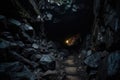 Journey Through the Dark Tunnel Towards the Light of Hope and Possibility, Dark mine tunnel, cave with rocks and wood, old Royalty Free Stock Photo