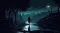 An Evocative Illustration of a Mysterious Figure Walking Alone in the Night