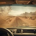 Journey Through the Desert: Dusty Windshield View from Inside the Car