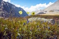 Journey on foot through the mountain valleys. Beauty of wildlife. Altai, the road to Shavlinsky lakes, Russia. Peaks of snowy