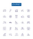 Journey line icons signs set. Design collection of Travel, Trek, Expedition, Tour, Trekking, Pilgrimage, Safari, Hike
