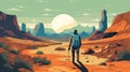 journey man dune landscape adventure backpack walking desert travel hike trek. Generative AI. Royalty Free Stock Photo