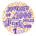 Journey 1000 miles begins with 1 step. Inspiration doodle quote. Vector phrase illustration