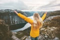 Journey in mountains Woman traveling happy raised hands