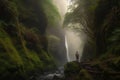 Journey into a mystical misty mountain forest and discover a hidden waterfall surrounded by ancient towering trees