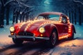 Vintage Charm: Red Classic Car Adorned with Christmas Lights in a Snowy Winter Forest. Generative ai Royalty Free Stock Photo