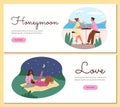 Journey outdoors vacation, traveling in honeymoon vector cartoon flyers set, couple at restaurant, looking at night sky