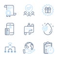 Journey path, Exam time and Contactless payment icons set. Water drop, Restructuring and Surprise gift signs. Vector