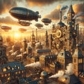 Steampunk Metropolis: AI Crafted Image of Steel City and Airships