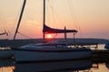 Journey on a sailing boat.Summer travel.Sunrise over the lake.