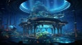 Rendering of a Futuristic Underwater Research Facility with Marine Labs and Exploration Drones - AI Generative