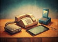 A Journey Through Time Exploring Vintage Communication Technologies Telephone Smartphone and Fax Machine Line Art Royalty Free Stock Photo