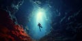Journey to the Abyss Scuba Diver Explores Deep Ocean Cavern - Generative AI