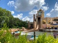 The Journey to Atlantis Roller Coaster water ride at SeaWorld speeding around the track and splashing into the water