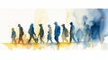 Journey to Hope: Watercolor Silhouettes of Refugees Walking Towards a Brighter Future.