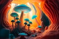 Journey to a magical country with colored mushrooms and crystals.Generative AI