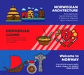 Journey to Norway promotional posters with traditional architecture and cuisine