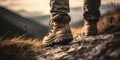 Journey to the Summit. Close-up shot of worn leather hiking boots trekking up a rocky mountain trail showcasing the rugged terrain Royalty Free Stock Photo