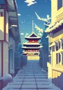 Illustration of a Traditional Asian Road Leading to a Serene Snow-Covered Temple