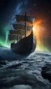 Journey to Valhalla Viking Ship Surrounded by Auroras and Ionization