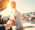 Journey together close up image couple hand taking