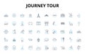 Journey tour linear icons set. Trek, Adventure, Expedition, Excursion, Odyssey, Safari, Jaunt vector symbols and line