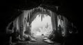 Eerie cave entrance with stalactites and mysterious glowing light beckoning exploration Royalty Free Stock Photo