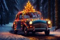 Vintage Holiday Cruise: Small Old Car Adorned with Christmas Lights in a Snowy Winter Forest. Generative ai Royalty Free Stock Photo