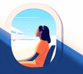 woman passenger trip window flight seat character plane journey transportation airline. Generative AI.