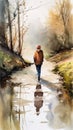 Journeying Through Reflections: A Traveler\'s Path in Watercolor.