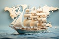 Journeying the world, boat sails on globe map, against white canvas