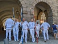 The jousters of Languedoc water jousting tournament in southern France Royalty Free Stock Photo