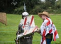 Knight wearing suit of armour read for jousting