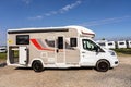 Jouy le Chatel, FRANCE - 05.08.2022: Modern camping car in rental parking lot. Holiday vacation travel in motorhome