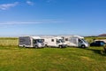 Jouy le Chatel, FRANCE - 05.08.2022: Modern camping cars in rental parking lot. Holiday vacation travel in motorhome