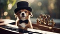 A jovial Bordeaux puppy with a wide grin, wearing a tiny top hat , seated at a miniature piano