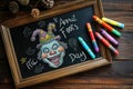 A jovial clown illustration on a chalkboard celebrates April Fool's Day with whimsy.