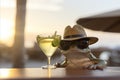 Jovial Frog Indulging in a Tasty Cocktail on a Tropical Beach, with Ample Room for Personalized Text