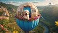 A jovial puppy with a beaming smile, sitting in a blue hot air balloon shaped like a tiny house